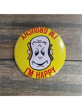 Happy Grouchy Flip Button Pin Funny Feelings Vintage Hong Kong Lapel Bag Gear